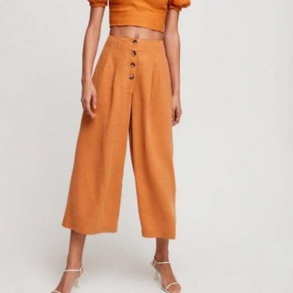 Aritzia Pants Women 6 Orange Linen Wide Leg Wander High Rise Button Fly Wilfred